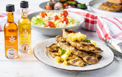 Spicy Pineapple Balsamic Chicken with Harissa Olive Oil