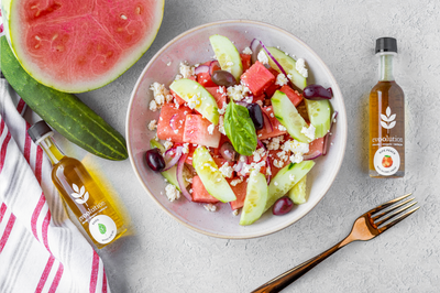 Watermelon Salad with Basil Olive Oil and Peach Balsamic