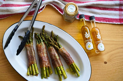 Proscuitto Wrapped Asparagus with Eureka Lemon Olive Oil and Tarragon Balsamic