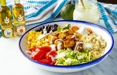 Crispy Tofu Veggie Bowl with Cilantro & Roasted Onion Olive Oil and Ripe Peach Balsamic