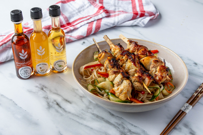 Lemongrass Chicken Skewers and Noodle Salad with Dark Toasted Sesame Oil and Honey Ginger Balsamic