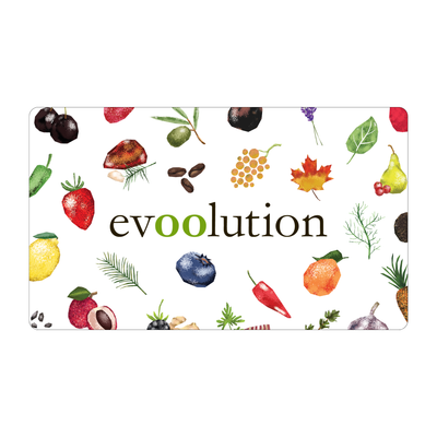 Gift card with 'evolution' branding and colorful fruit and vegetable design on a white background